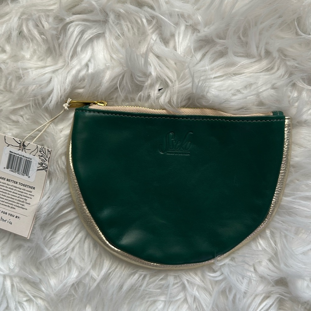 NWT SSEKO Leather Medium Crescent Pouch Oiled Agave & Gold Zipper Green
